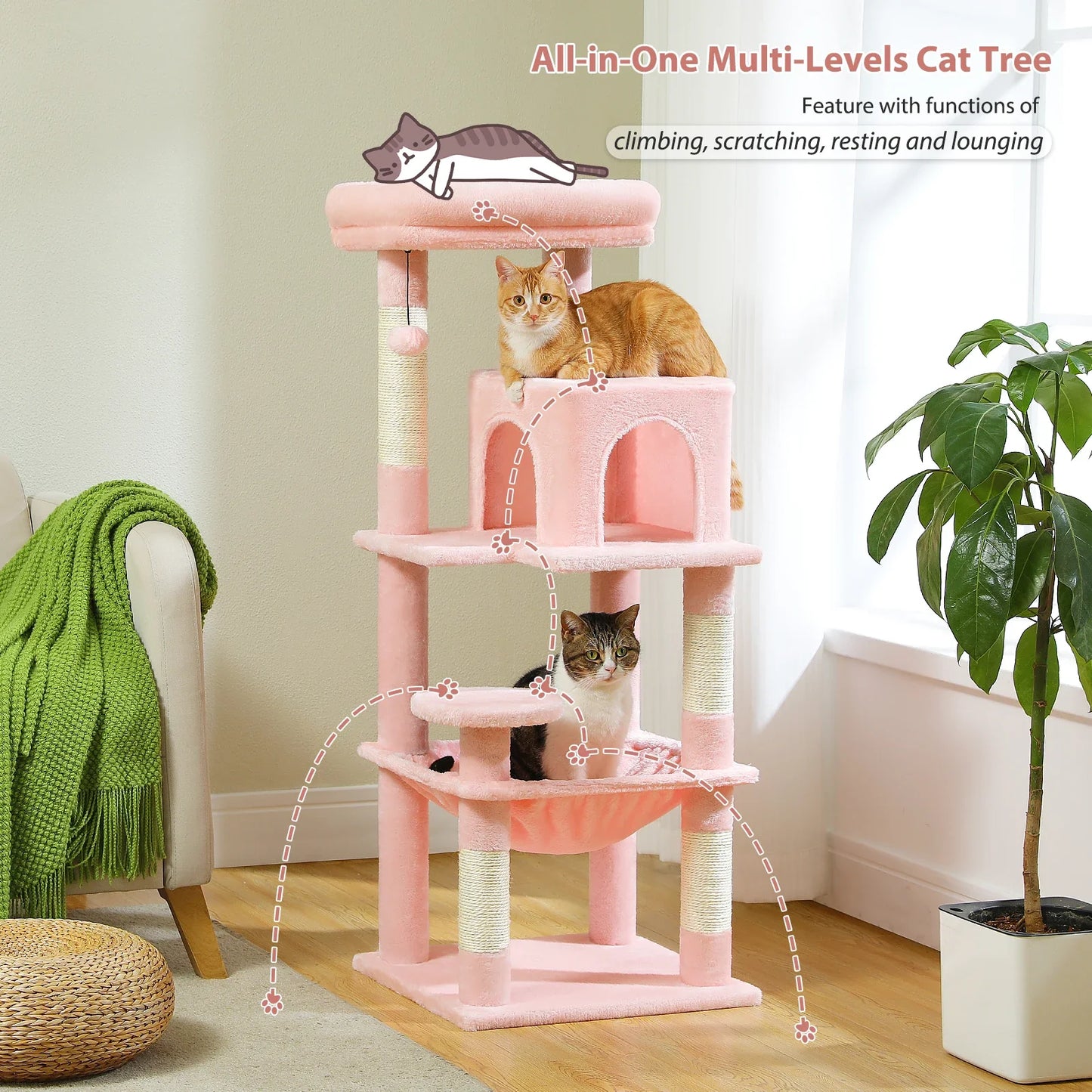 Cat Tree for Indoor Cats, 5-Level Cat Tower for Large Cats with Metal Frame Large Hammock Cat Condo